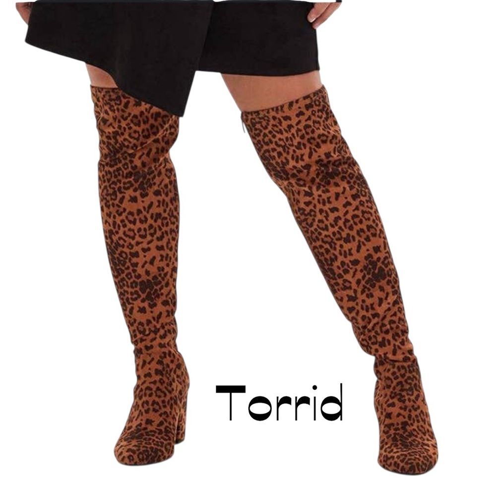 Torrid Animal Print Vegan Suede Brown Black Thigh High Boots NWOT 6.5 W